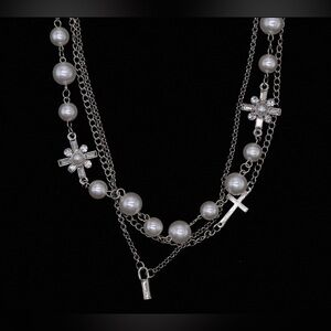 Pearl cross silver necklace, three layered necklace set